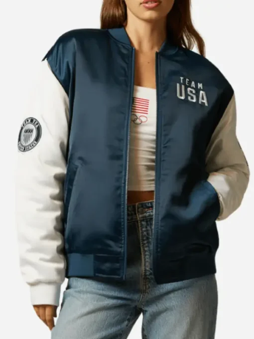 Team USA Olympic 2024 Blue Satin Bomber Jacket