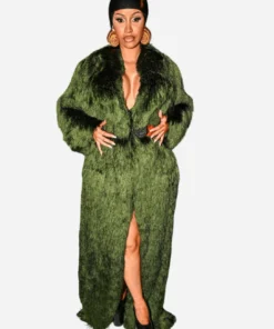 Cardi B Paris Fashion Week 2024 Green Fur Coat