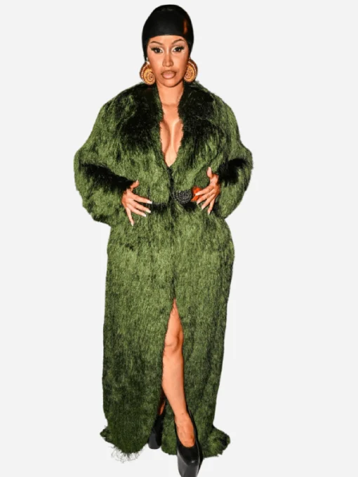 Cardi B Paris Fashion Week 2024 Green Fur Coat