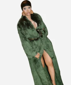 Cardi B Paris Fashion Week Green Fur Trench Coat