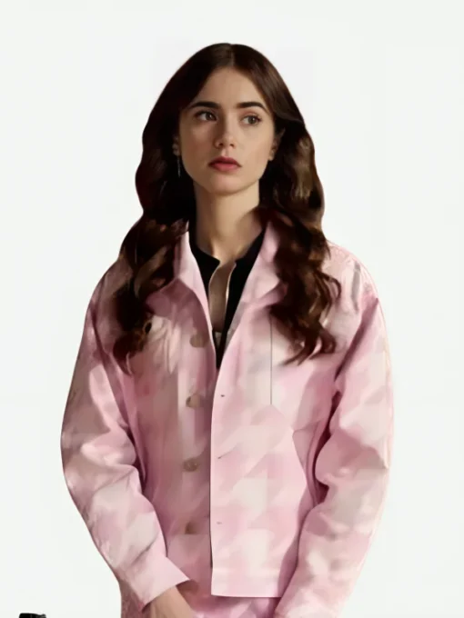 Emily In Paris Lily Collins Pink Hounds Tooth Jacket