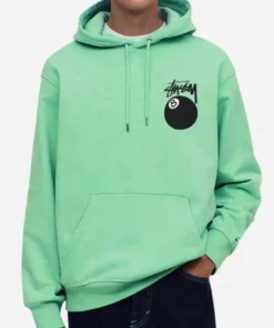 8 Ball Stussy Green Pullover Hoodie For Sale