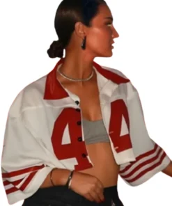 Kyle Juszczyk Wife 44 Red and White Cropped Jacket