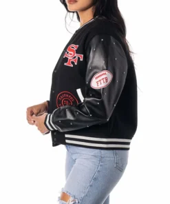 The Wild Collective Black San Francisco 49ers Varsity Full Snap Sparkle Jacket