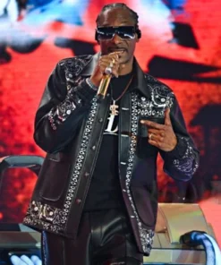 Times Square Fortnite Concert Snoop Dogg Printed Leather Jacket Black