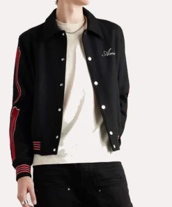 AMIRI Bones Leather Trimmed Appliqued Logo Embroidered Wool Blend Twill Varsity Jacket