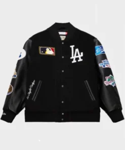 Mens Los Angeles Dodgers Black Out Collection Vintage Logo Full Snap Varsity Jacket