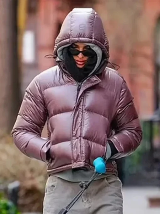 NYC Emily Ratajkowski Pink Puffy Jacket