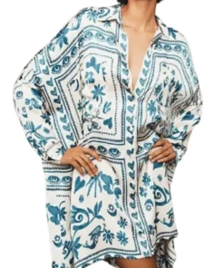 The White Lotus S03 Parker Posey Printed Mini Shirt White & Blue Dress