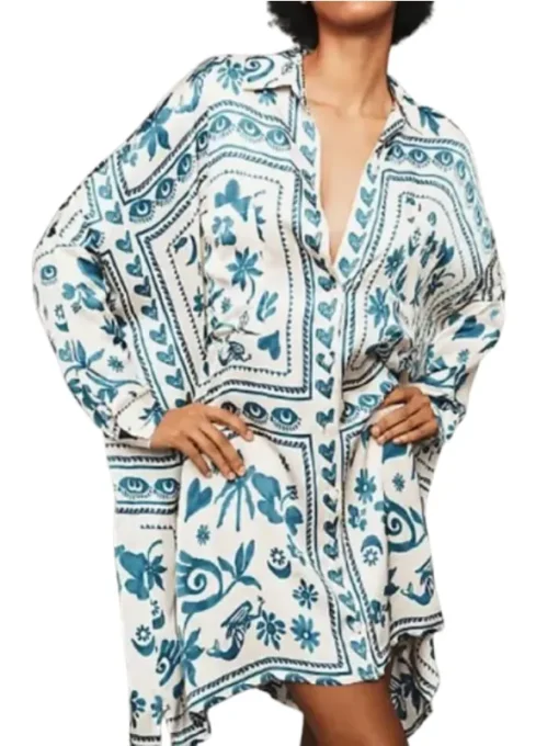 The White Lotus S03 Parker Posey Printed Mini Shirt White & Blue Dress