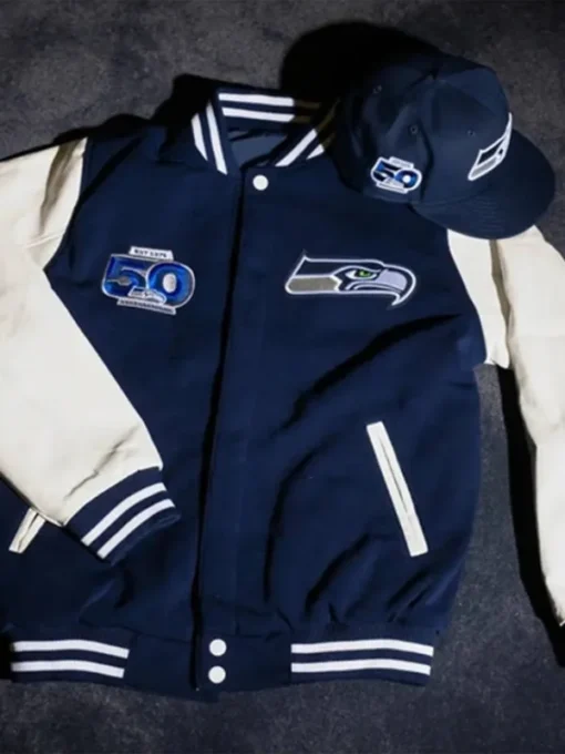 50th Season Seattle Seahawks Blue White Varsity Jacket