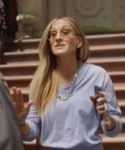 And Just Like That S03 Sarah Jessica Parker Blue V Neck Sweatshirt
