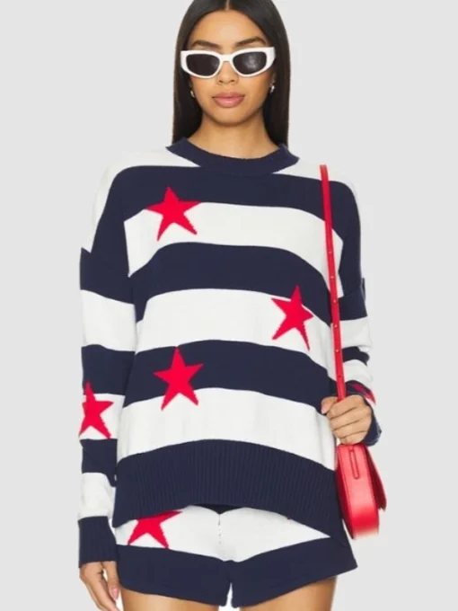 TV Series Love Hotel S01 Shannon Beador Red Stars Blue White Striped Sweater