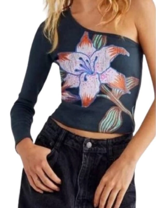 Big Brother USA Ashley Hollis Floral One Shoulder Top Navy Blue