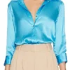Celebrity Family Feud Season 11 Farrah Aldjufrie Blue Silk Blouse Pool Blue
