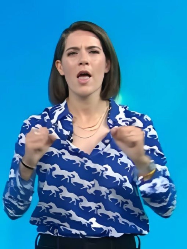 The Today Show 2025 Daryn Carp Horse Print Blue Silk Shirt