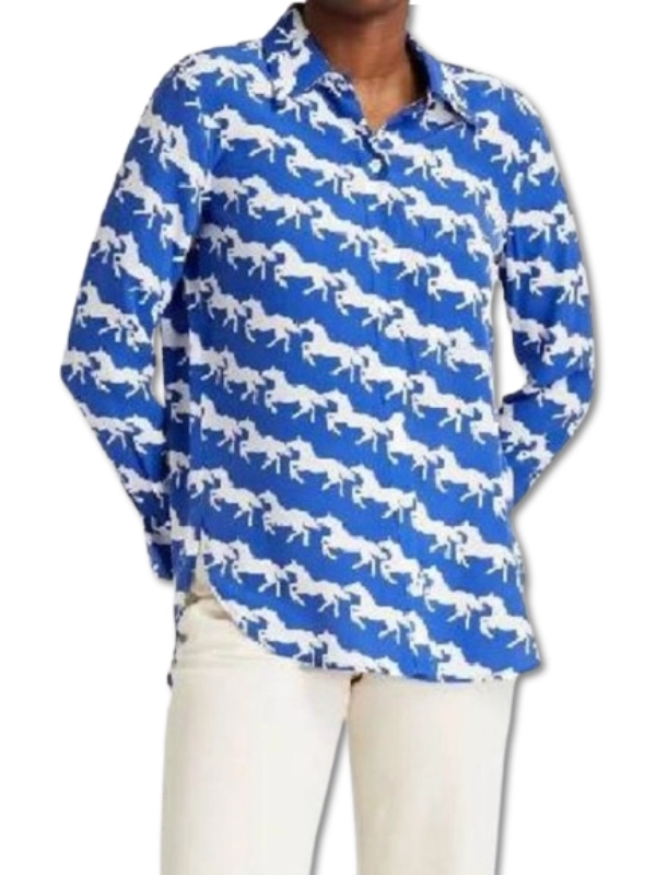 The Today Show 2025 Daryn Carp Horse Print Silk Blue and White Shirt